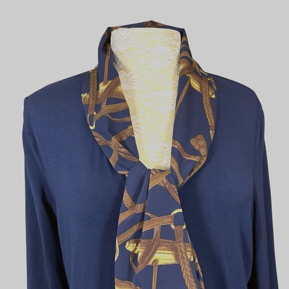 Lauren Ralph Lauren 3/4 Sleeve Navy V-Neck Attached Equestrian Scarf Knit Tee XL - Picture 2 of 7